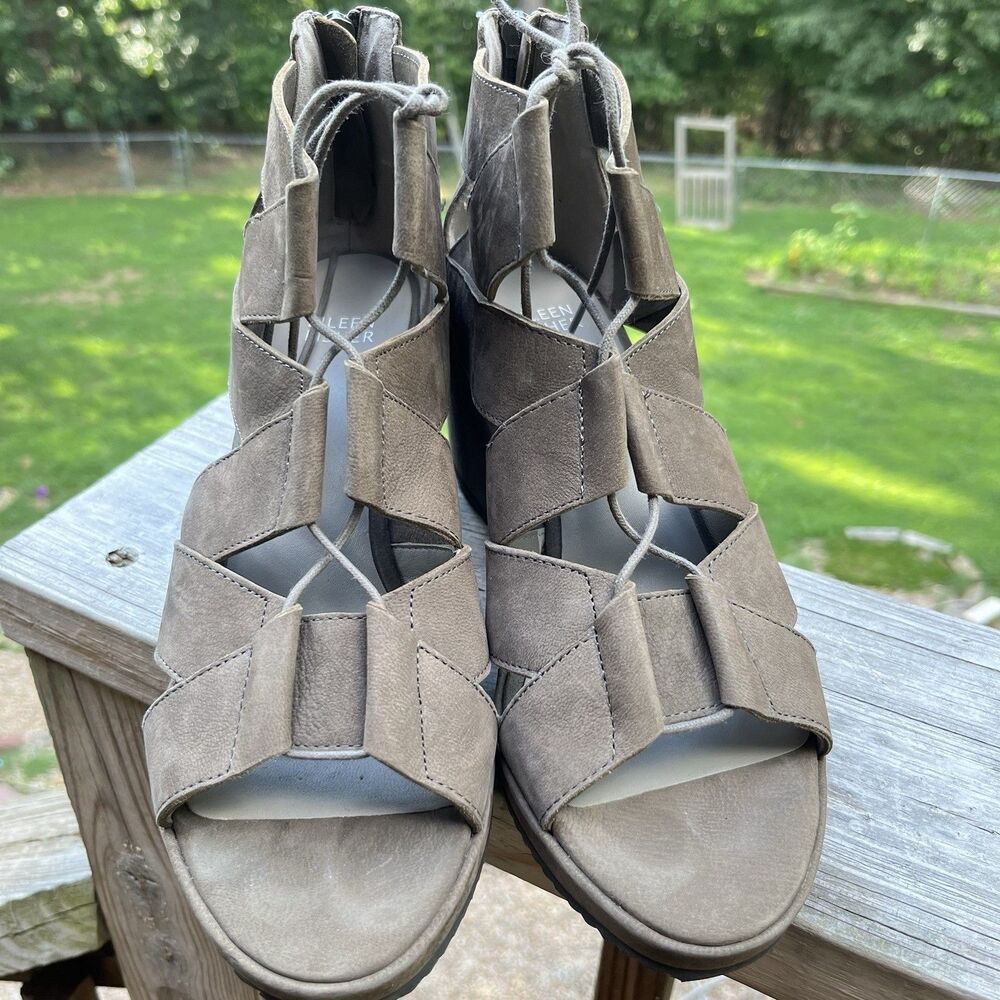 Eileen Fisher Dibs Lace-Up Leather Wedge Sandal Size 9.5 Women
